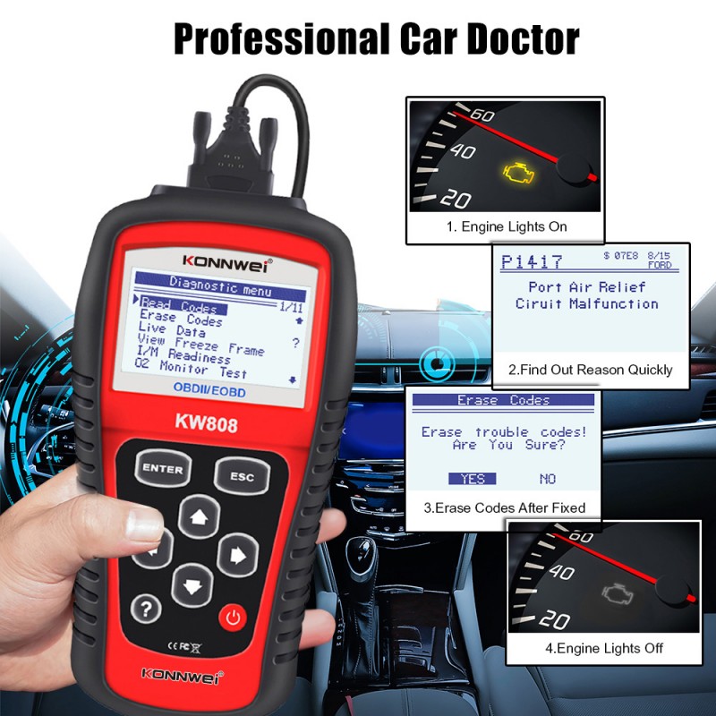 Escáner De Diagnóstico Konnwei Kw808 Eobd Obd2 Obdii